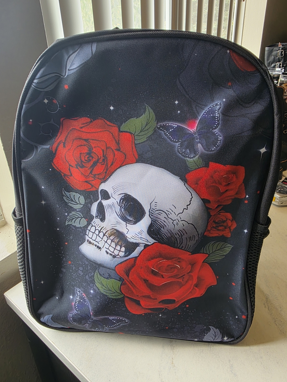 Skull & Red Rose Print Backpack